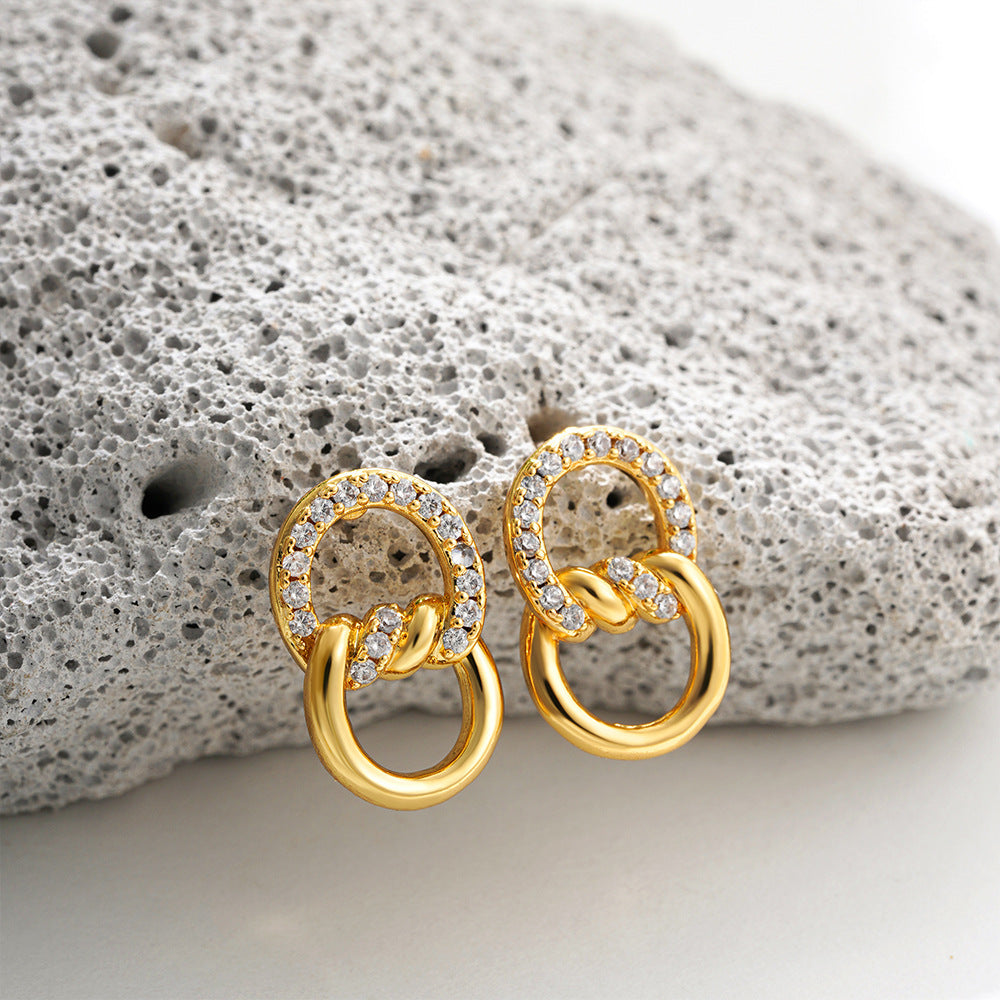 18K Gold Micro Zircon Double D Ring Earrings