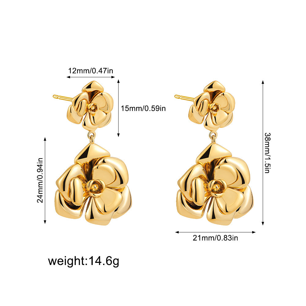 Retro Camellia Stud Earrings - Gold & Steel
