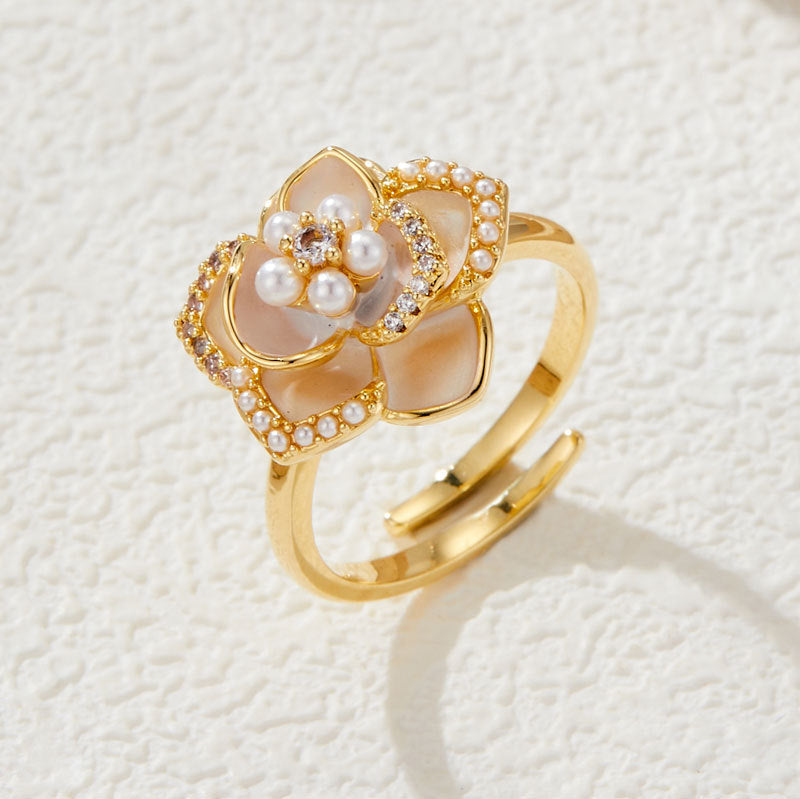 Camellia Ring - Open Design, Enamel Detail