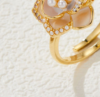 Camellia Ring - Open Design, Enamel Detail