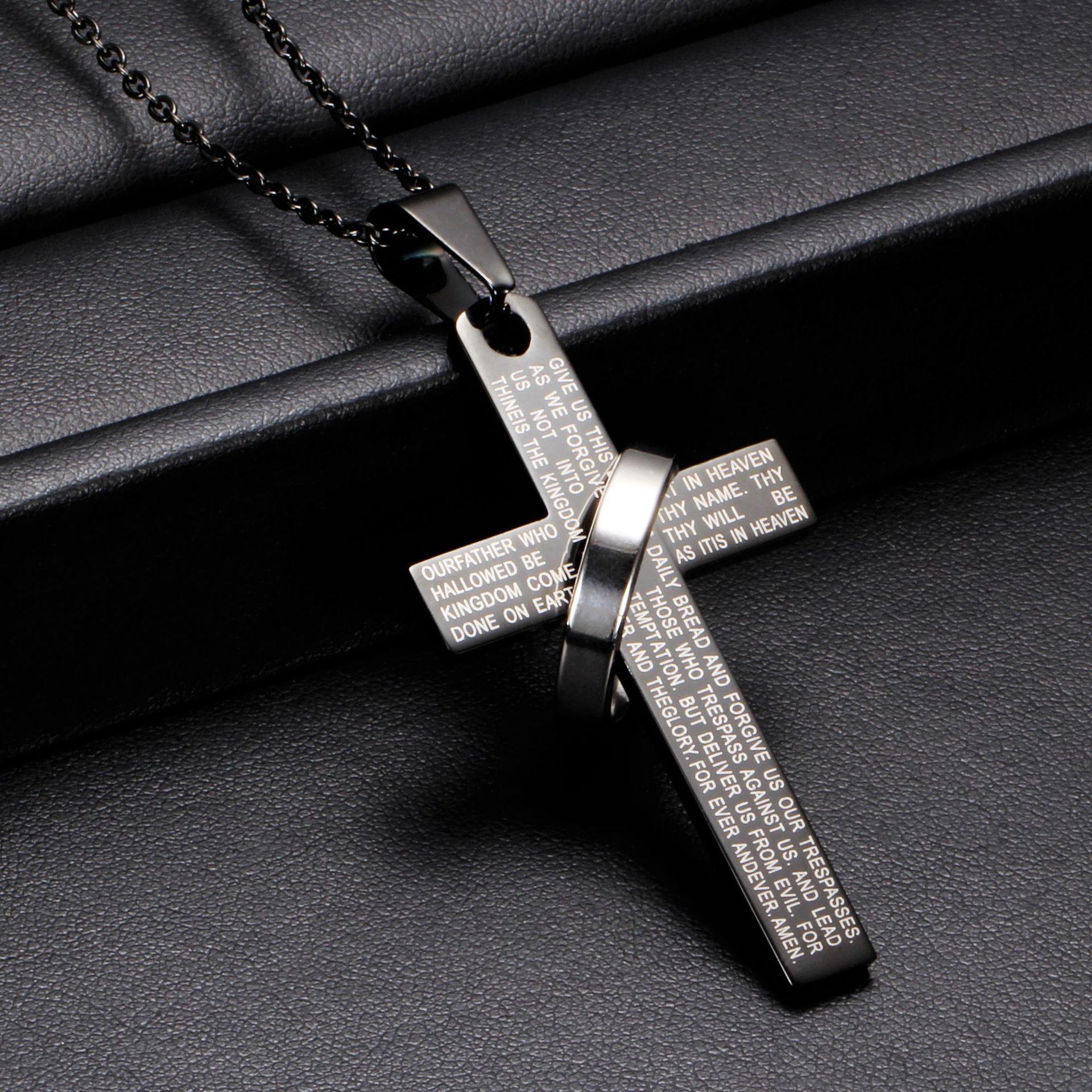 Modern Cross Ring Necklace - Steel