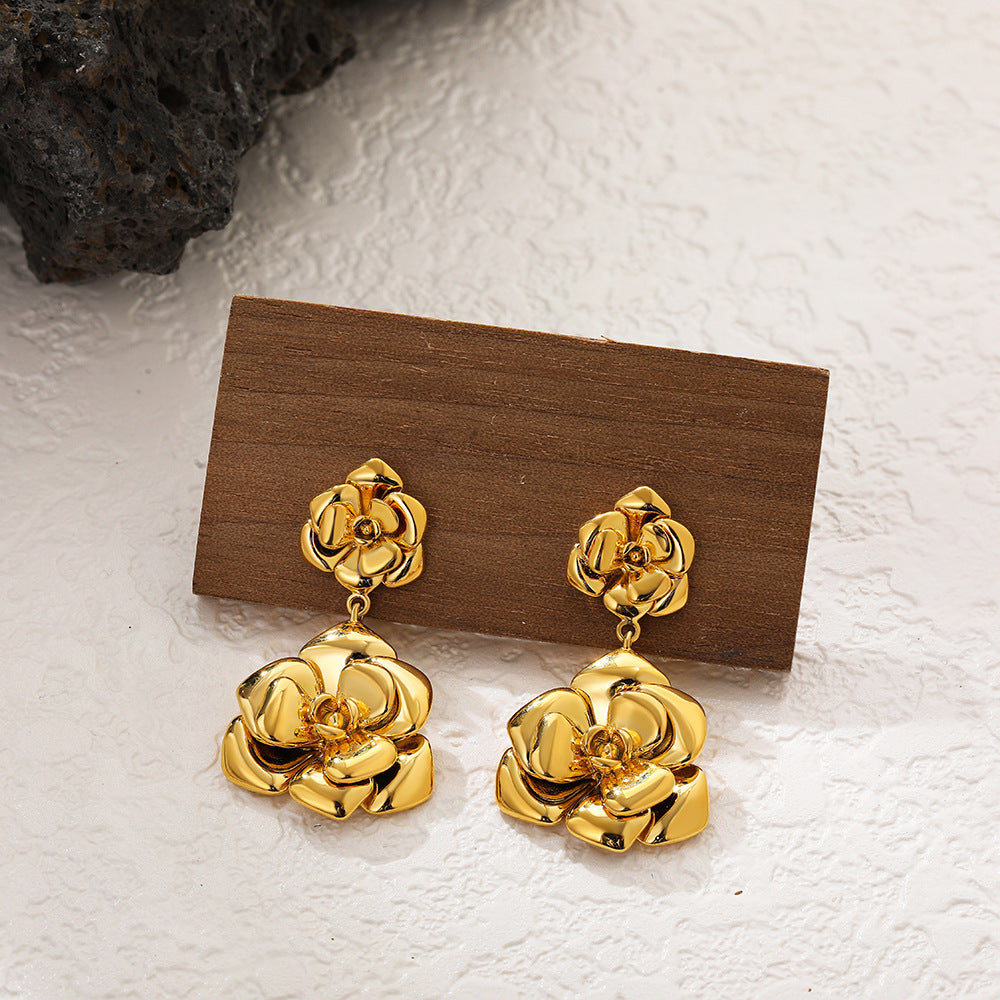 Retro Camellia Stud Earrings - Gold & Steel