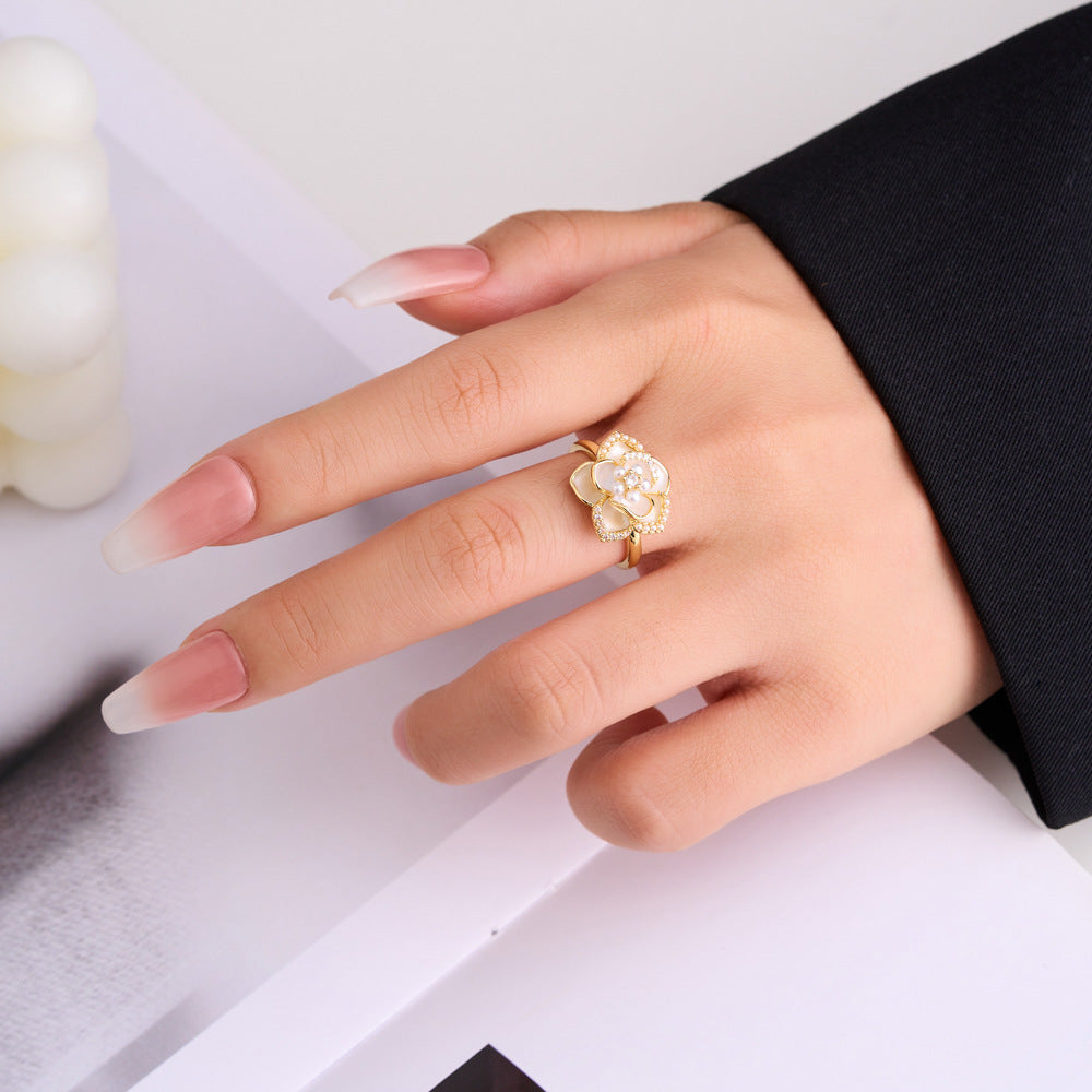 Camellia Ring - Open Design, Enamel Detail