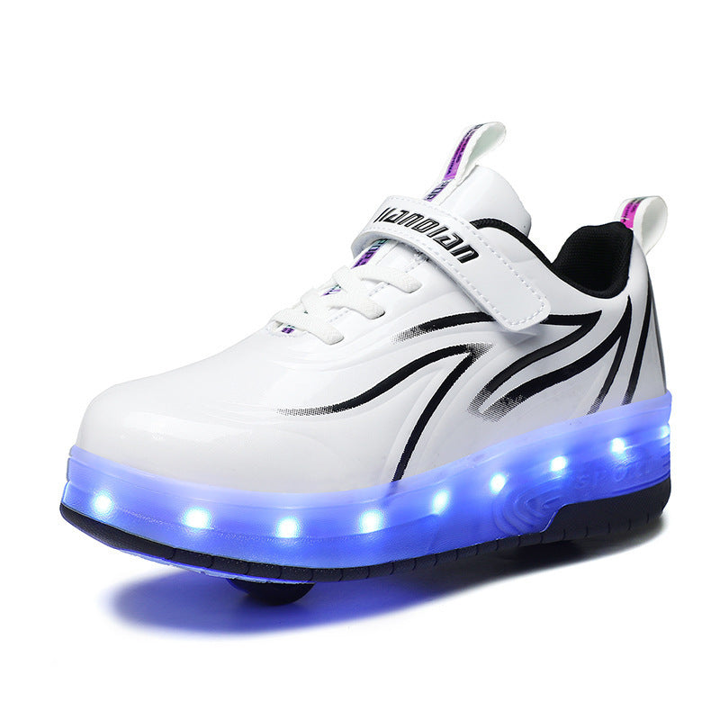 YONGBIAN white LED light-up roller skate shoes for kids with retractable wheels and velcro strap