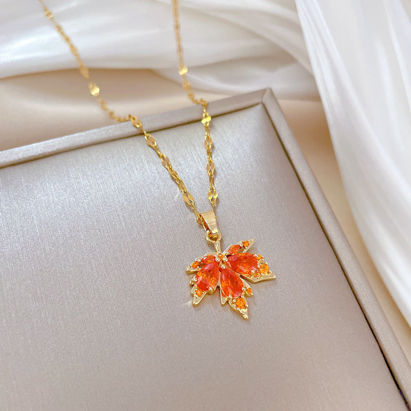 Red Maple Leaf Pendant Necklace - Steel