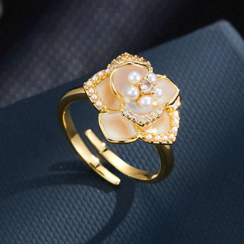 Camellia Ring - Open Design, Enamel Detail