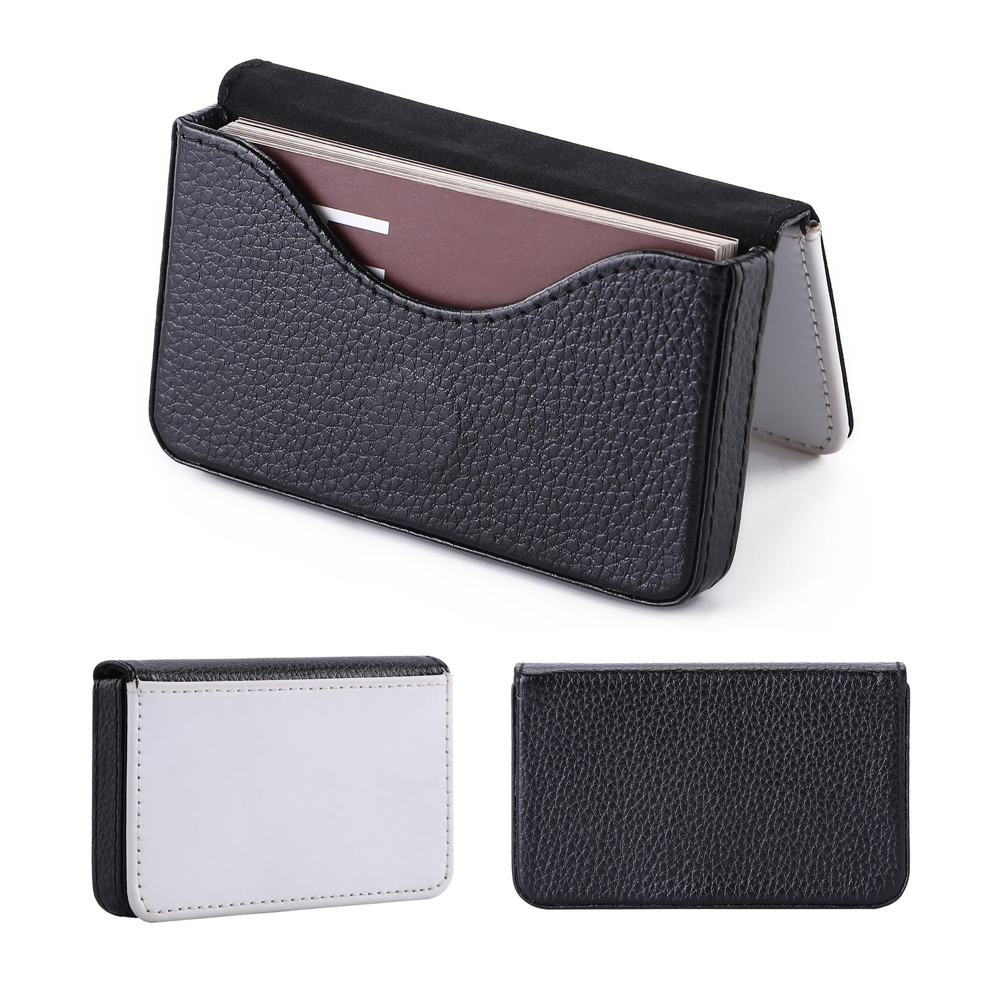 Black textured business card holder with cards inside, open view
Professional card case, sleek design, showing interior card slot
Compact business card holder, closed, with textured black exterior
Minimalist card case, black and white design, side view
Durable business card organizer for men and women, top view
