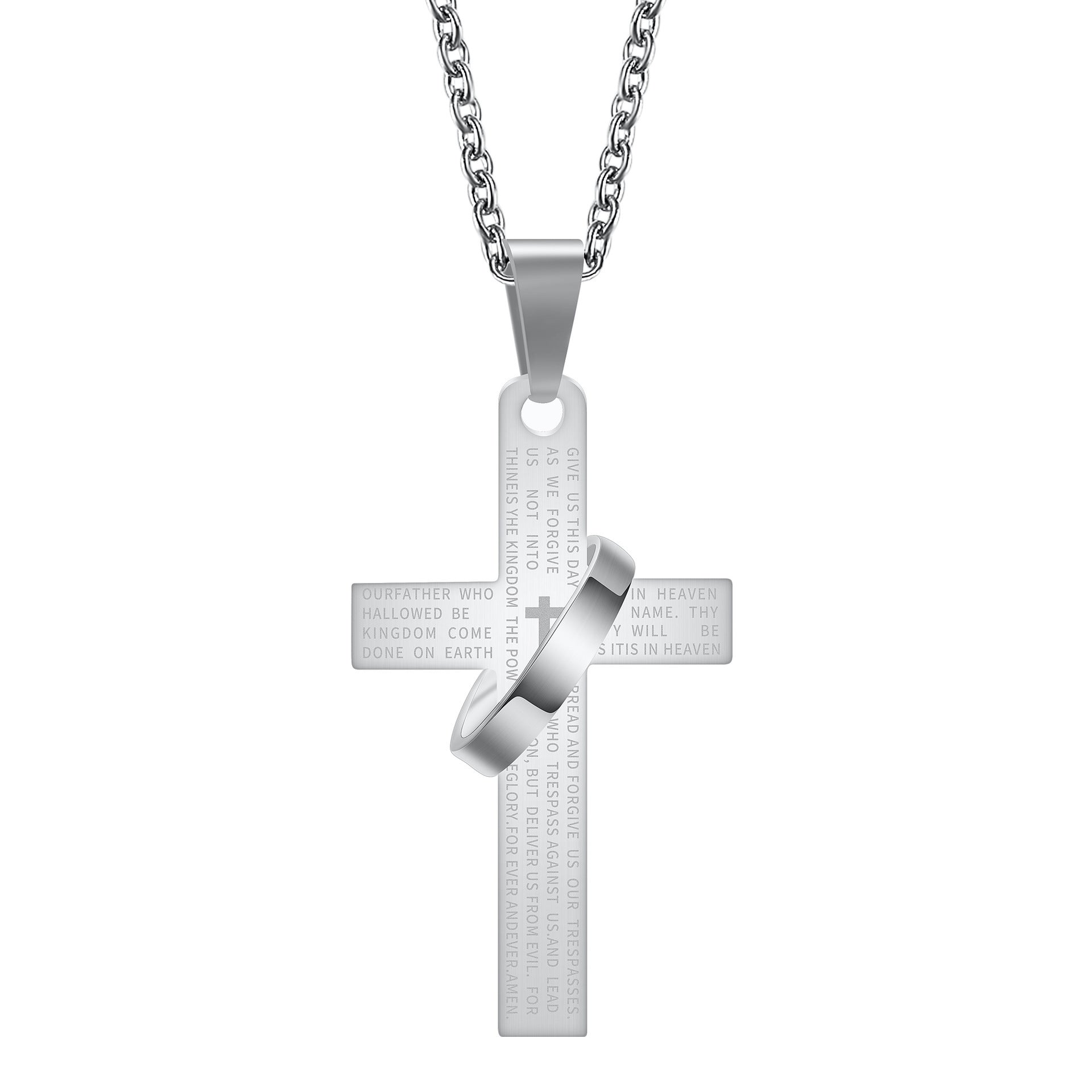 Modern Cross Ring Necklace - Steel