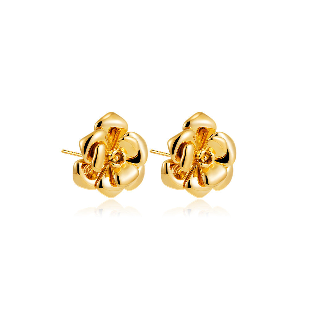 Stainless Steel 18K Gold Camellia Stud Earrings Retro